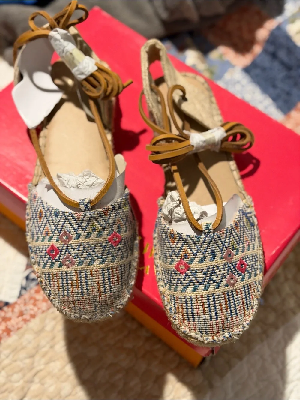 Woven Espadrille Lace-Up Flats - Multicolor